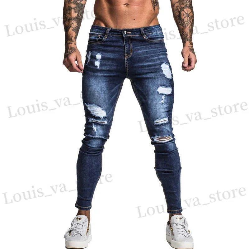 Jeans masculino gingtto mens skinny estriado reparado jeans azul escuro Hip lúpulo angustiado Super magro algodão de ajuste confortável de tamanho grande zm34 t240411