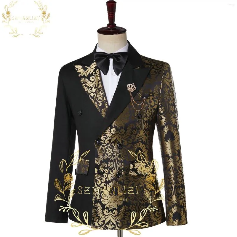 Men's Suits Double Breasted Black Gold Floral Jacquard Jacket Slim Fit Mens Blazer Wedding Groom Tuxedos Party 1 Piece Terno Masculino