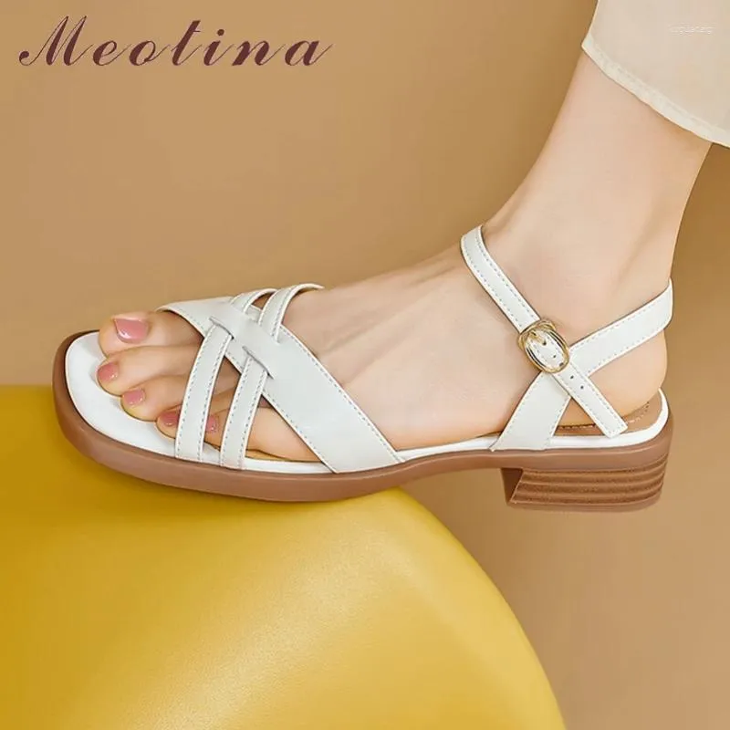 Sandals Meotina Women Genuine Leather Square Toe Platform Flats Buckle Ladies Fashion Casual Shoes Summer Beige Light Yellow