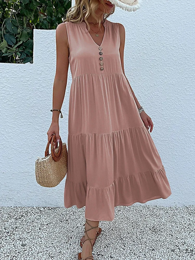 Jim Nora Casual Summer Midi Robe Femme sans manches Tank V Boutons Neck Ruffle Robes Loose Bel