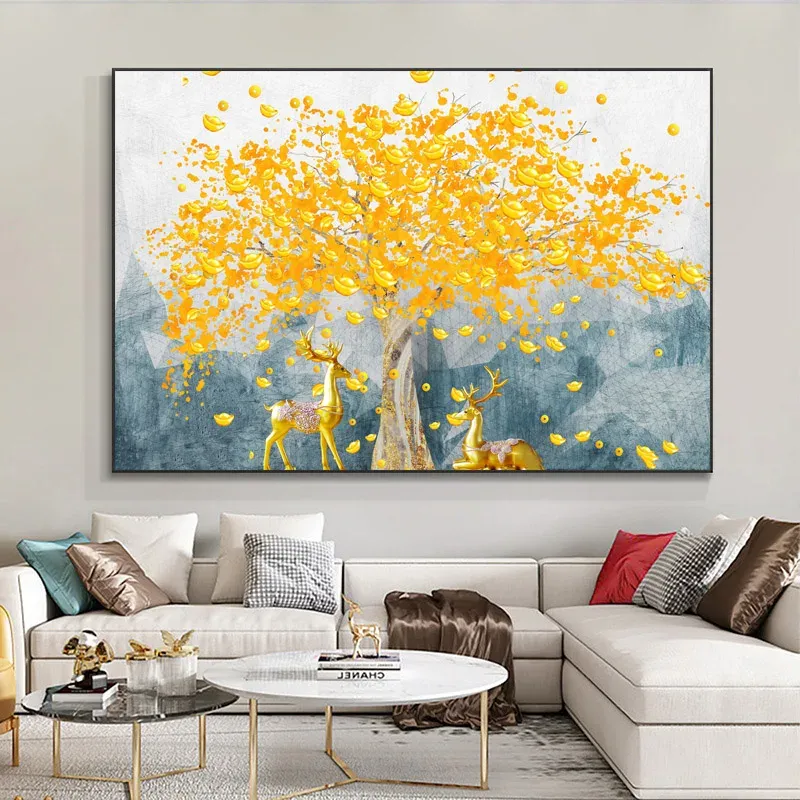 Gold Tree Money Nordic Modern Canvas målningsaffischer älg tryck väggkonst bilder för sovrum vardagsrum heminredning ingen ram