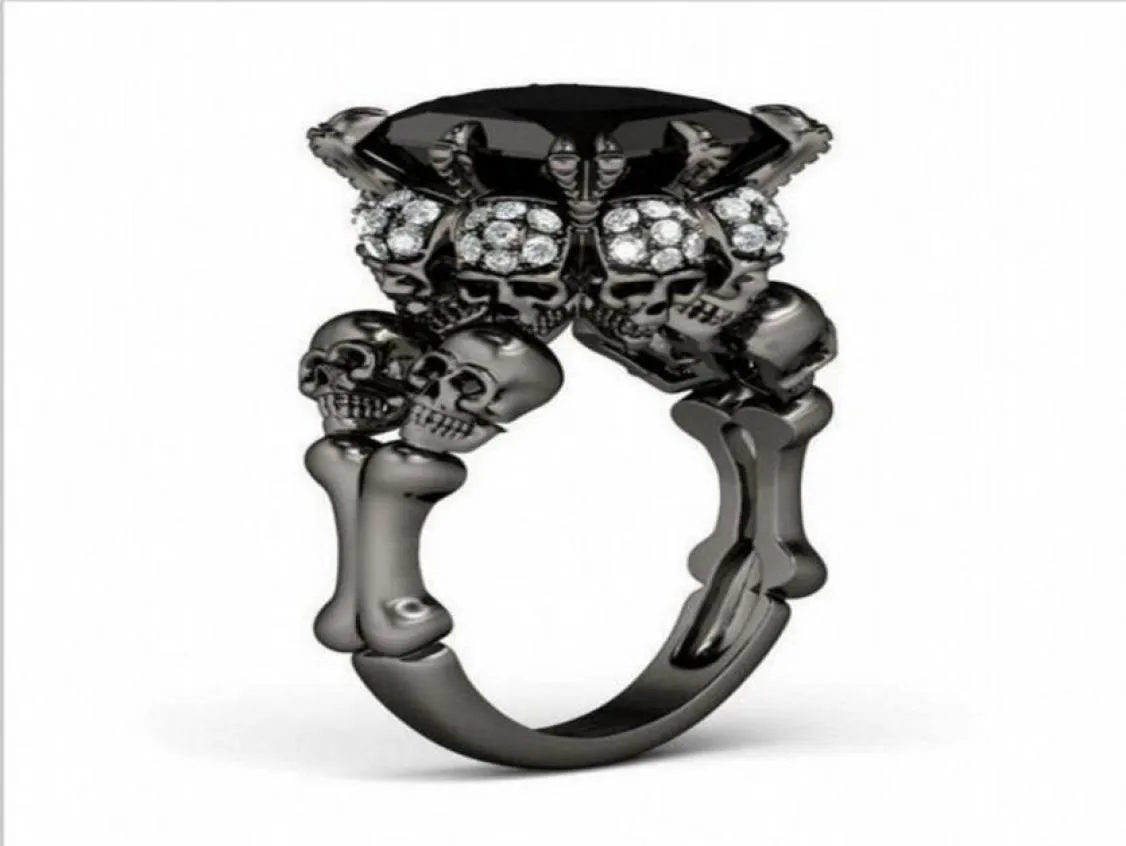 Brand Punk Jewelry Skull 10KT Black Gold Filled Demon Princess 5CT Black Sapphire Cocktail Wedding Bands Ring for Women Men61410832738796