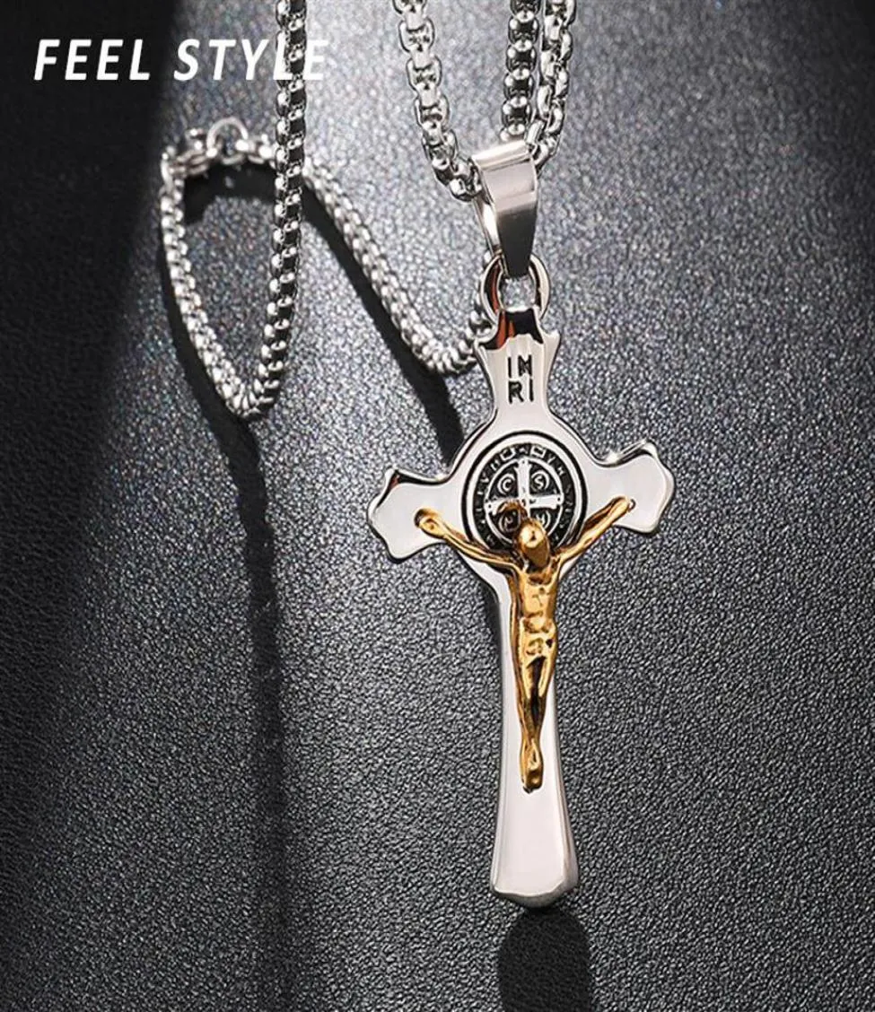 Pendant Necklaces INRI Jesus Cross Pendants Stainless Steel Exorcism St Benedict Crucifix Necklace For Men Jewelry23408459274