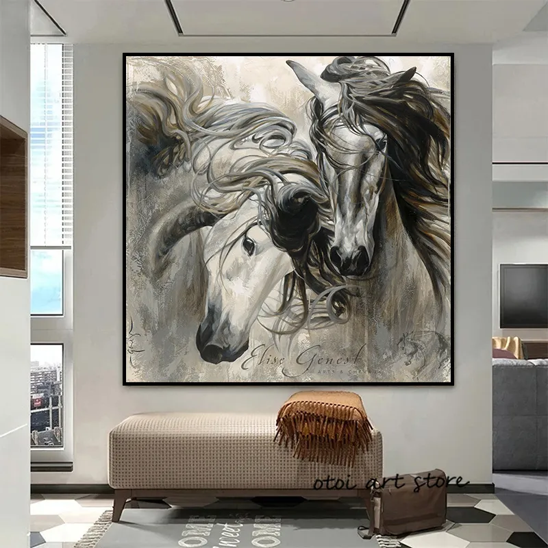 Vintage Abstract Par Horse Running Horse Animal Art Affisch Canvas Måla väggkonsttryck Bild för vardagsrumsheminredning