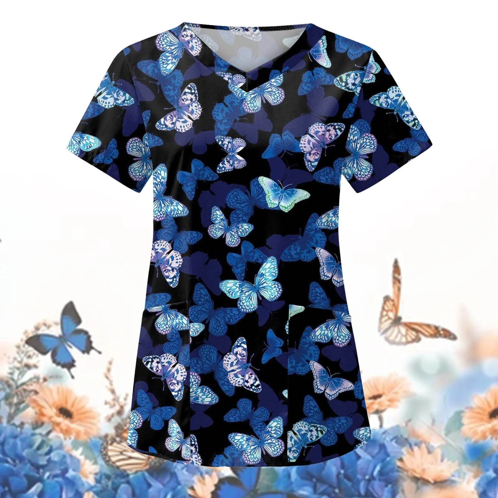 Butterfly Clinic Carer T-shirt Women Working Blouse Workwear Healthcare Medical Nursing Nurse Hospital Uniform Tops ShortSleeve