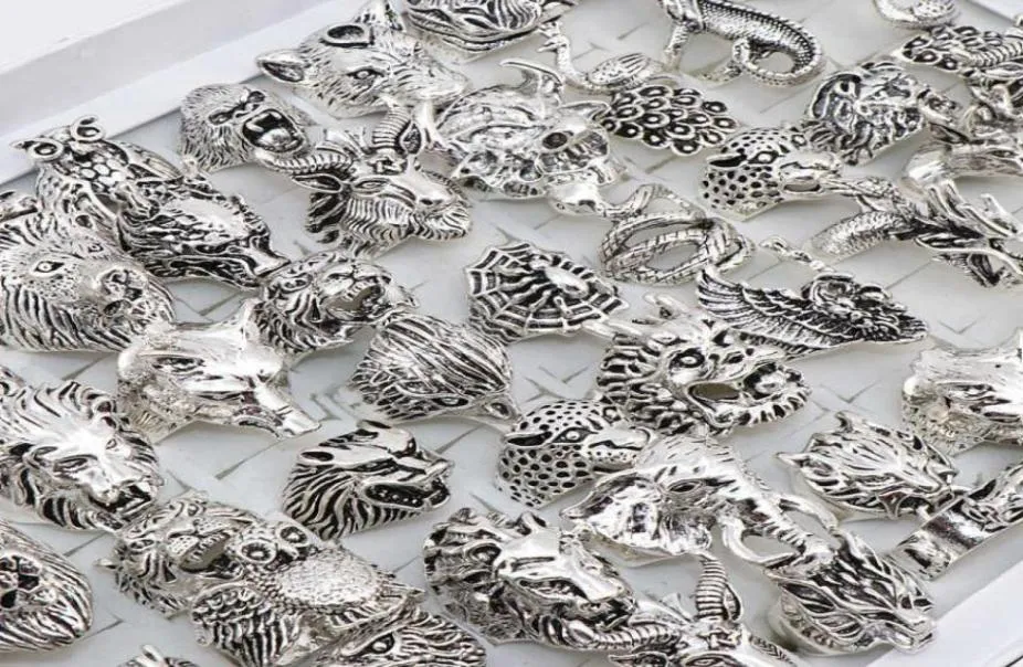 En gros 20pcs / lots mélange hibou Dragon Wolf Elephant Tiger etc Style Animal Anneaux Bijoux vintage Anneaux pour hommes Femmes 2106232604105