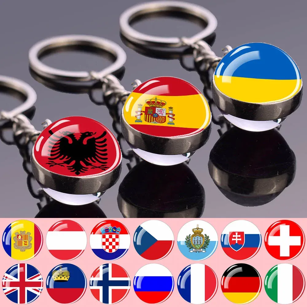 Europa Flagkeychains Albanien Liechtenstein Portugal Ukraina Ryssland Double Side Glass Ball Key Chains National Flag Keyring