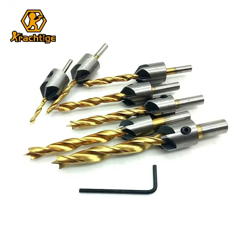 Krachtige 7pcs 3 4 5 6 7 8 10 mm Titan HSS 5 Flöten-Countersink-Bohrer Set REAMER Holzbearbeitungsschütze + L-Typ-Schraubenschlüssel