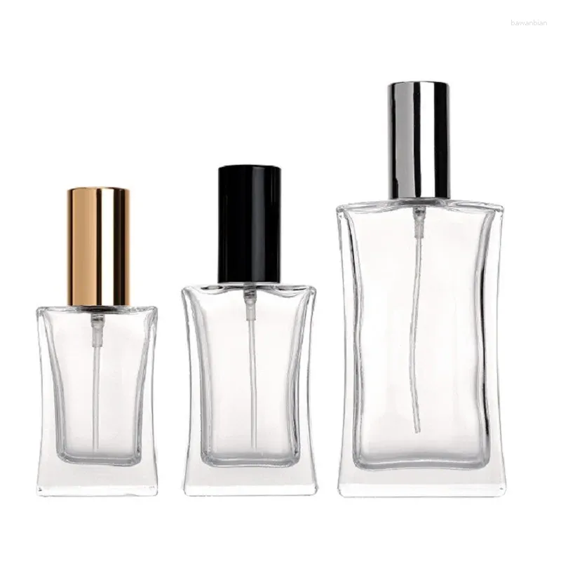 Storage Bottles Glass Perfume Bottle Gold Silver Black Screw Pump 30ml 50ml 100ml Square Tight Waist Shape Empty Clear Mist Spary Refill