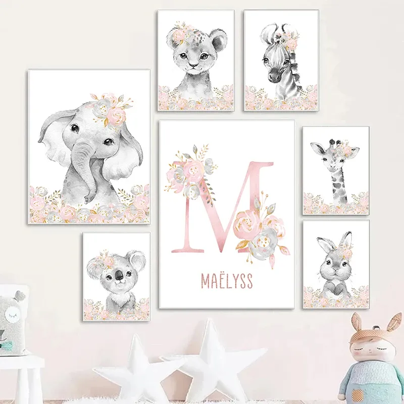 Animais Safari em Flores Rosa Nome das Crianças Nome Personalizado Os Cartazes de Arte da Parede e Impressão para Meninas Decoração do quarto Presente de chá de bebê