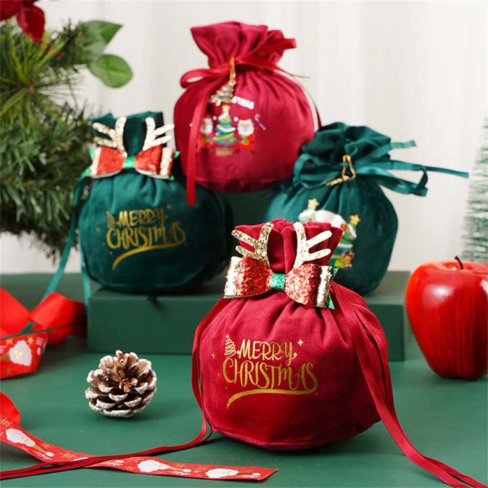 Buon Natale Bag di caramelle Babbo Natale sacchetto di stoffa regalo dolci portatili sacchi di biscotti sacchi all'ingrosso di velluto tote party 2022 New Year