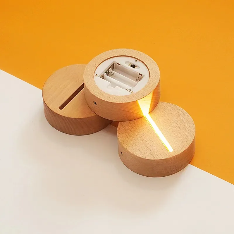 バッテリーの木製LEDライト分解ベースクリスタルガラス樹脂アートオーナメント木製ナイトランプベースLEDライト回転ディスプレイスタンド
