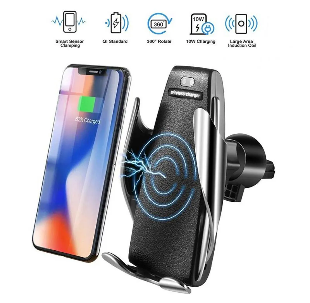 S5 Wireless Car Carger Automatic Snwing para iPhone Android Air Vent Telephin Phone 360 Grado Rotación 10W Carga rápida9533161