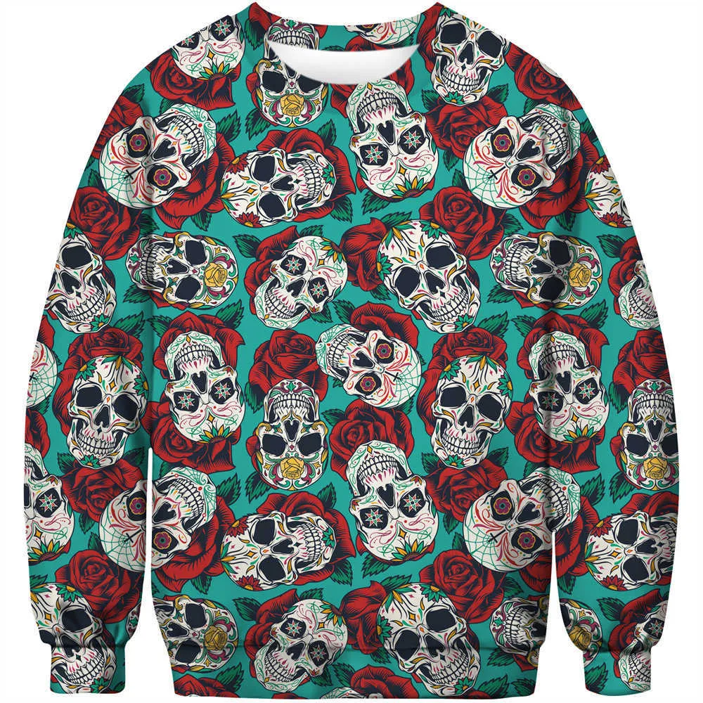 Hombre de otoño e invierno 3D Digital Digital Skull Street Fashion Cabellado redonda de cuello redondo