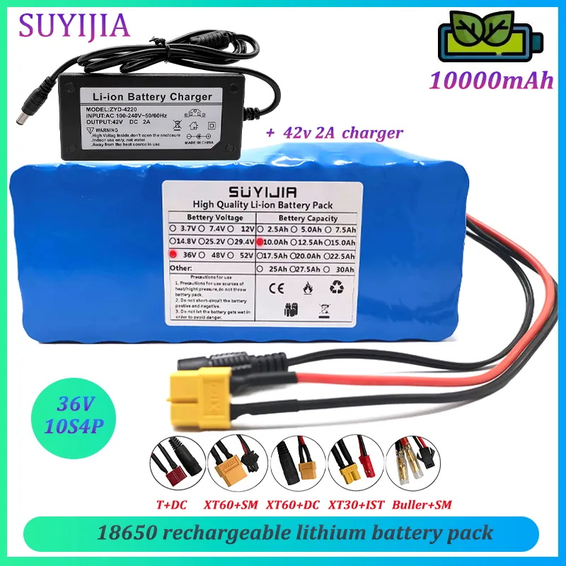 36V 10S4P 18650 Batterie de lithium rechargeable Pack de batterie au lithium 10AH de grande capacité Scooter électrique électrique 42V 2A Charger BMS Board