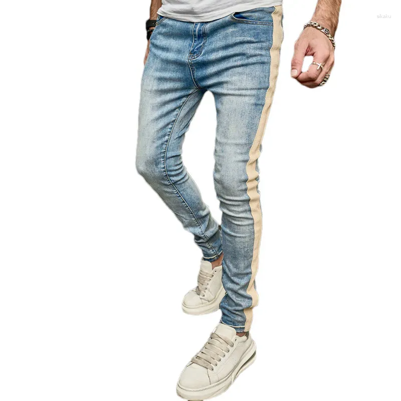 Jeans maschi primaverili eleganti maschi street style hiphop side side strisce sottili pantaloni maschili di cotone solido cotone pantaloni di denim per cotone solido