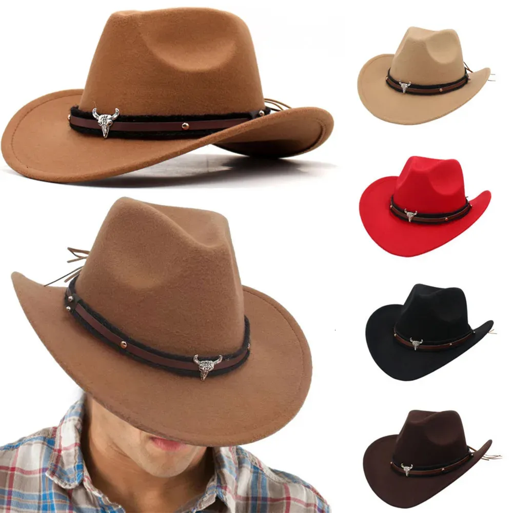 Western Cowboy Hat Chapeaux extérieurs larges bordure avec la sangle Monochrome Felt for Men Femmes Arrêt Top 240403