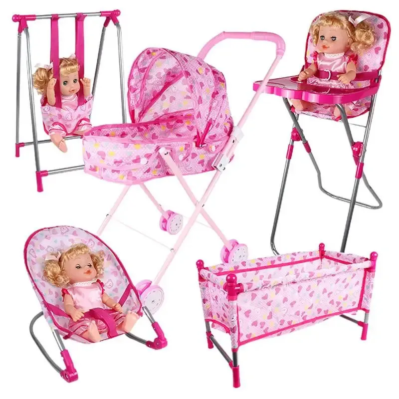 Simulation Doll Stroller Set Pink Baby Stroller Pretend Play Toys Nursery Role Play Doll House Furniture Set Doll Crib Cart Toys 240403