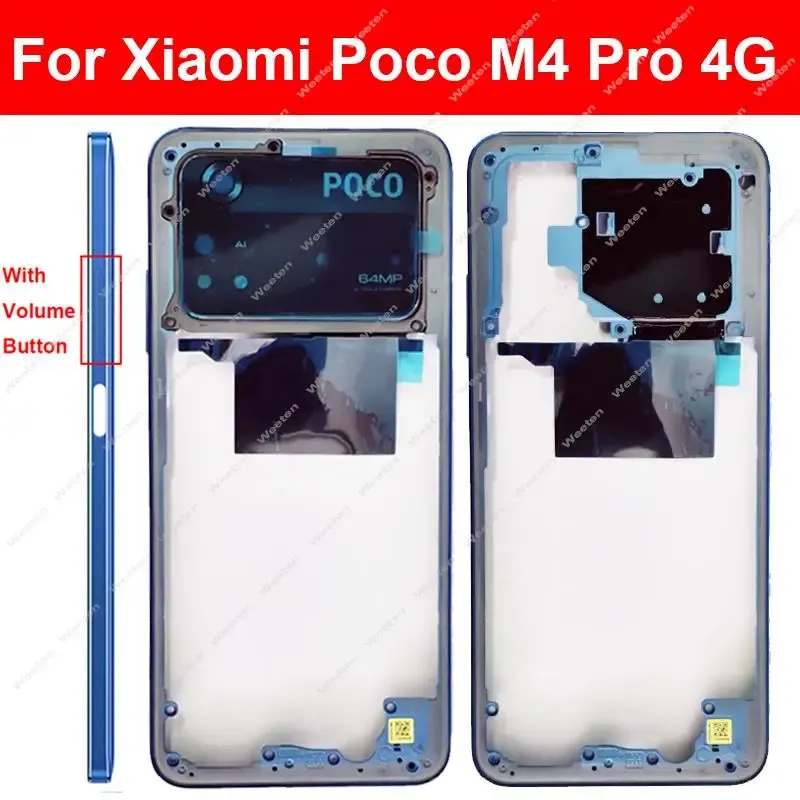 Middle Frame Housing For Xiaomi Poco M4 Pro M4Pro 4G 5G Middle Frame Holder Cover with Lens Frame Volume Key Parts