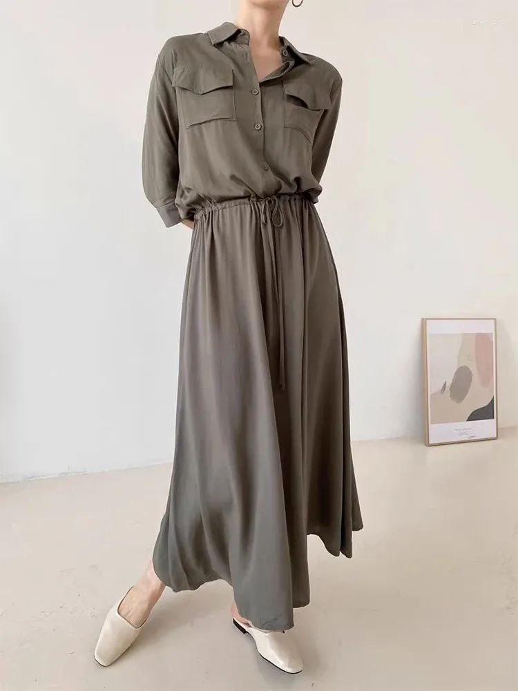 Casual Dresses Clothland Women Elegant Shirt Dress Pocket Drawstring Tie Sashes Three Quarter Sleeve One Piece Office MIDI QD510