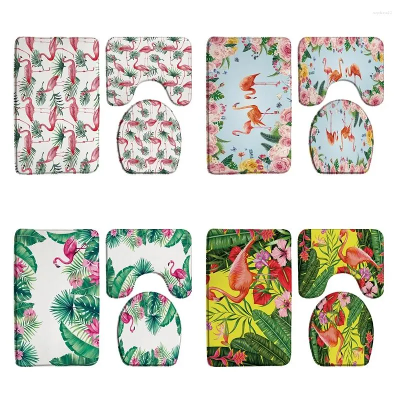 Badmatten Tropical Pink Flamingos Matte Set Blumenpflanze Naturgarten Dschungel Palmblätter Badezimmer Teppiche Toiletten Deckel Dusche Teppich