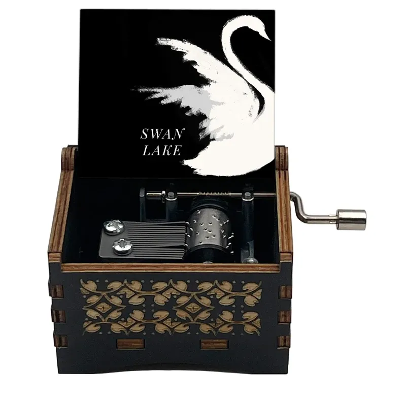 Custom Swan Lake Music Box, Black Wooden 18 Note Musical, Ballet