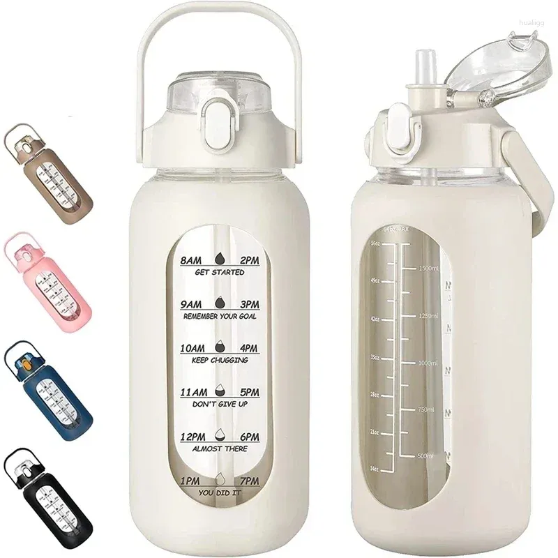 Water Bottles 1000ML Glass With Straw Bottle Silicone Sleeve And Time Marker For Gym Camping Home Office