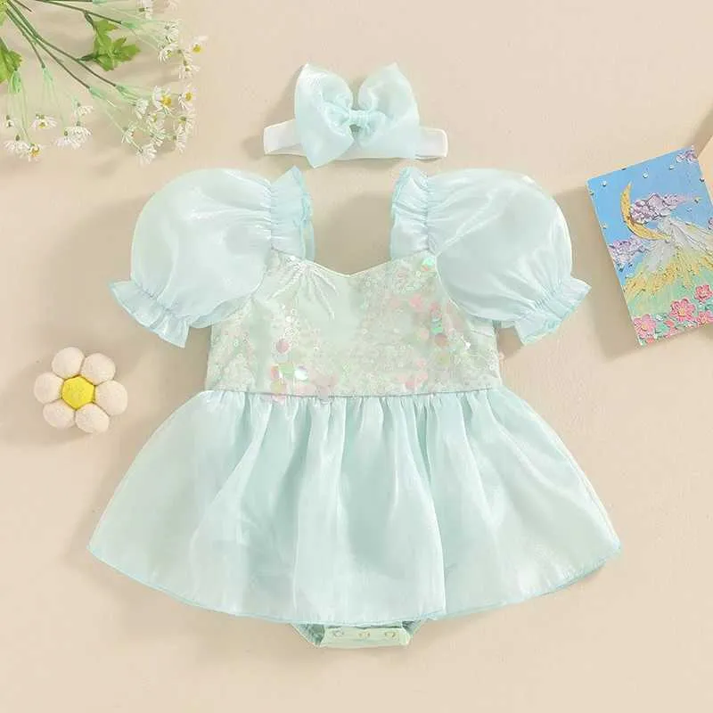 Sukienki dla dziewczynki ubrania dla niemowląt dziewczęta cekiny z krótkim rękawem Organza spódnica brzeg rompers sukienka z opaską na letni sposób 2 sztuki na 0-18 miesięcy