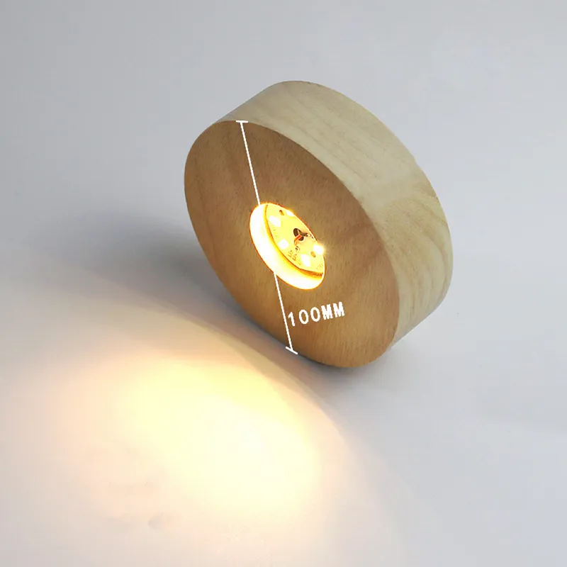 10 cm Circle Wood LED -lamphållare AAA -batteriet drivs 3D Tabellnatt Lampbasdisplay Stand för kristallharts Konstprydnader