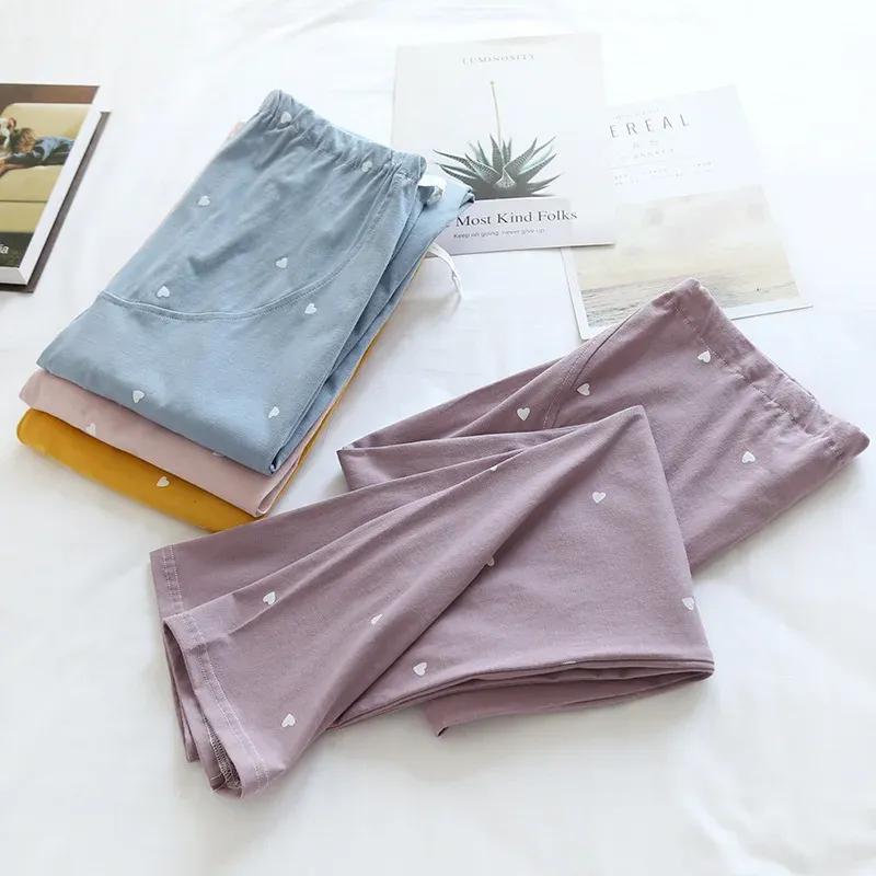 Pantalon de coton maternité automne aux vêtements de sommeil chaud du printemps pour un pantalon de grossesse pour pantalon à la maison enceinte rose / jaune