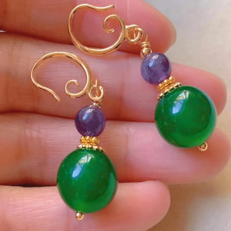 Dangle Earrings Fashion Green Round Banded Agate Purple Chalcedony Gold Wedding Bridal Children Hoop Custom Party Crystal Clip-on