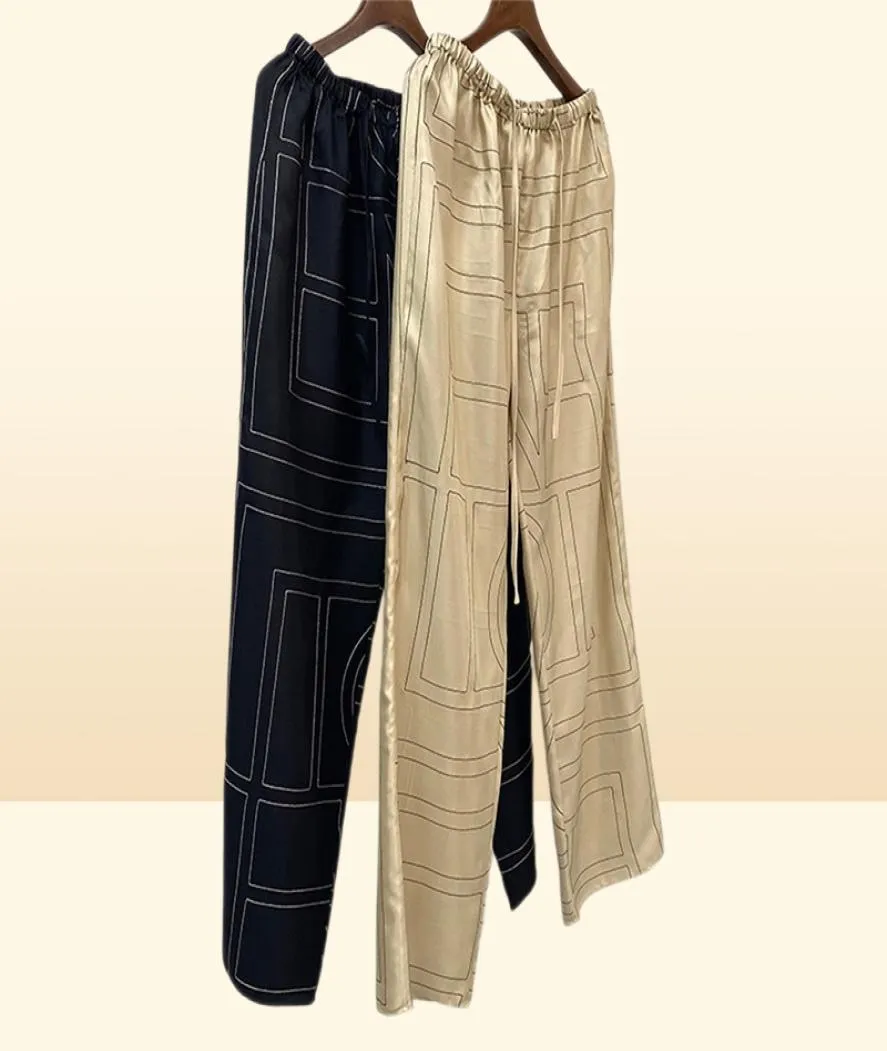 Pantalon Toteme Printemps Automne Summer 100 Silk Logo broderie Casual Trawstring Nighty Lignet Oversize Casual Style4682010