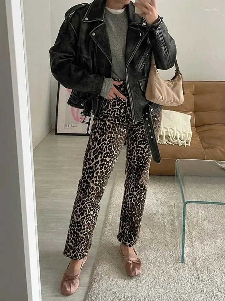 Kvinnors byxor retro chic leopard tryck blyerts för kvinnor mode avslappnad hög midja lång byxfjäder kvinnlig y2k pendling byxor