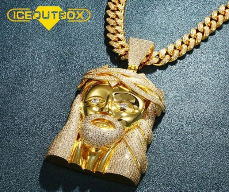 Iceoutbox Nowy nadmierny religijny Jezus Head Naszyjnik Bling Cubic Zircon for Men039s Hip Hop Biżuter