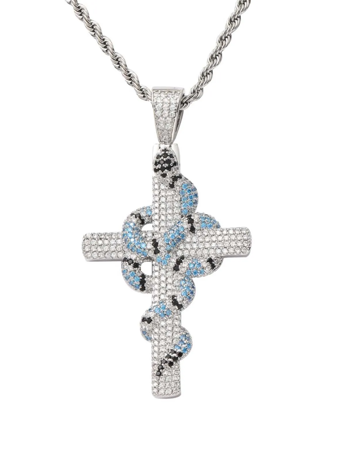 Ice Bling Blue Coral Snake Cross Pendant Halsband Personlig Zircon Hip Hop Jewelry Trend