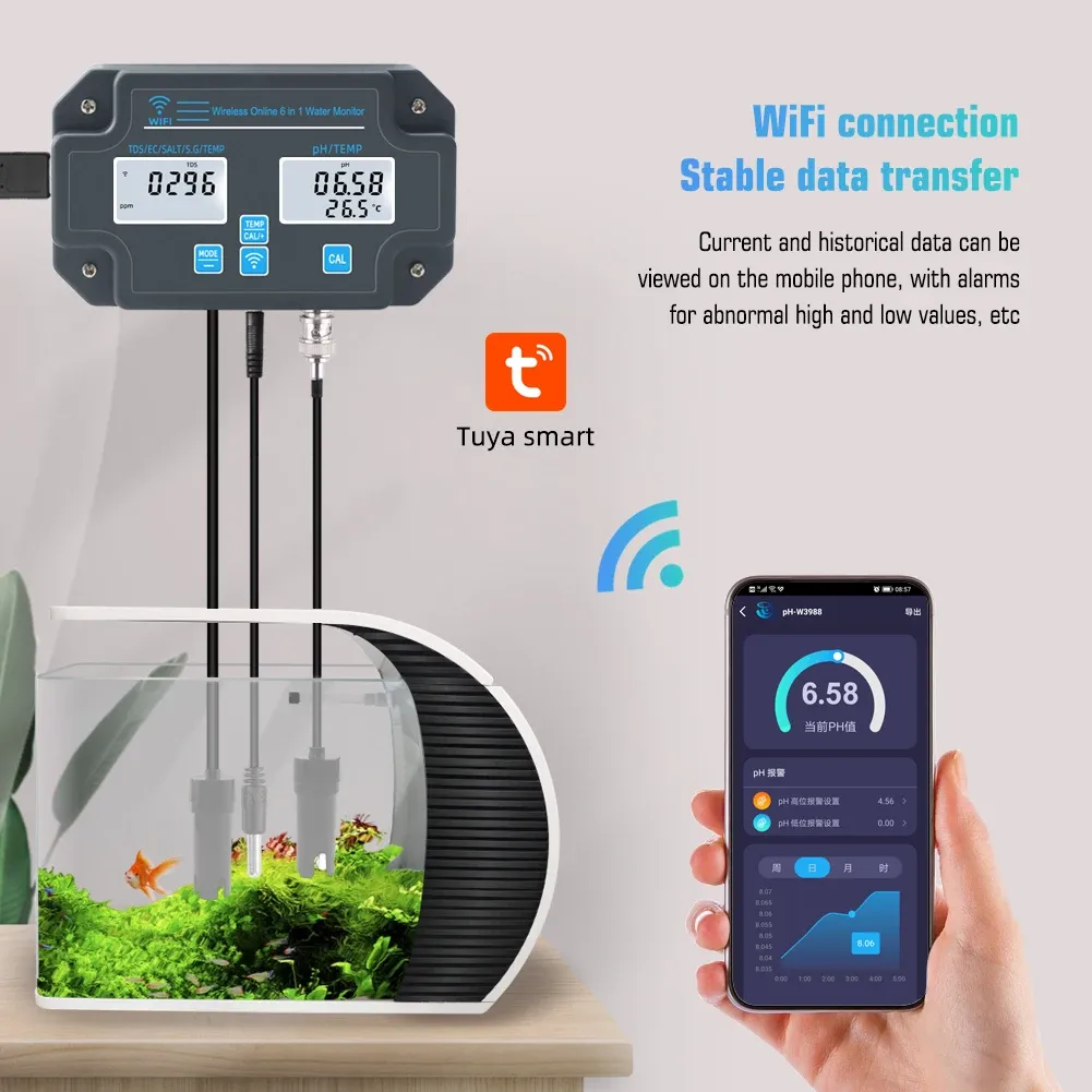 Yieryi smart wifi akvarium havsvatten salthalt vattenkvalitet mätare ph ec tds salt temp datalogger testare monitor för fiskbehållare