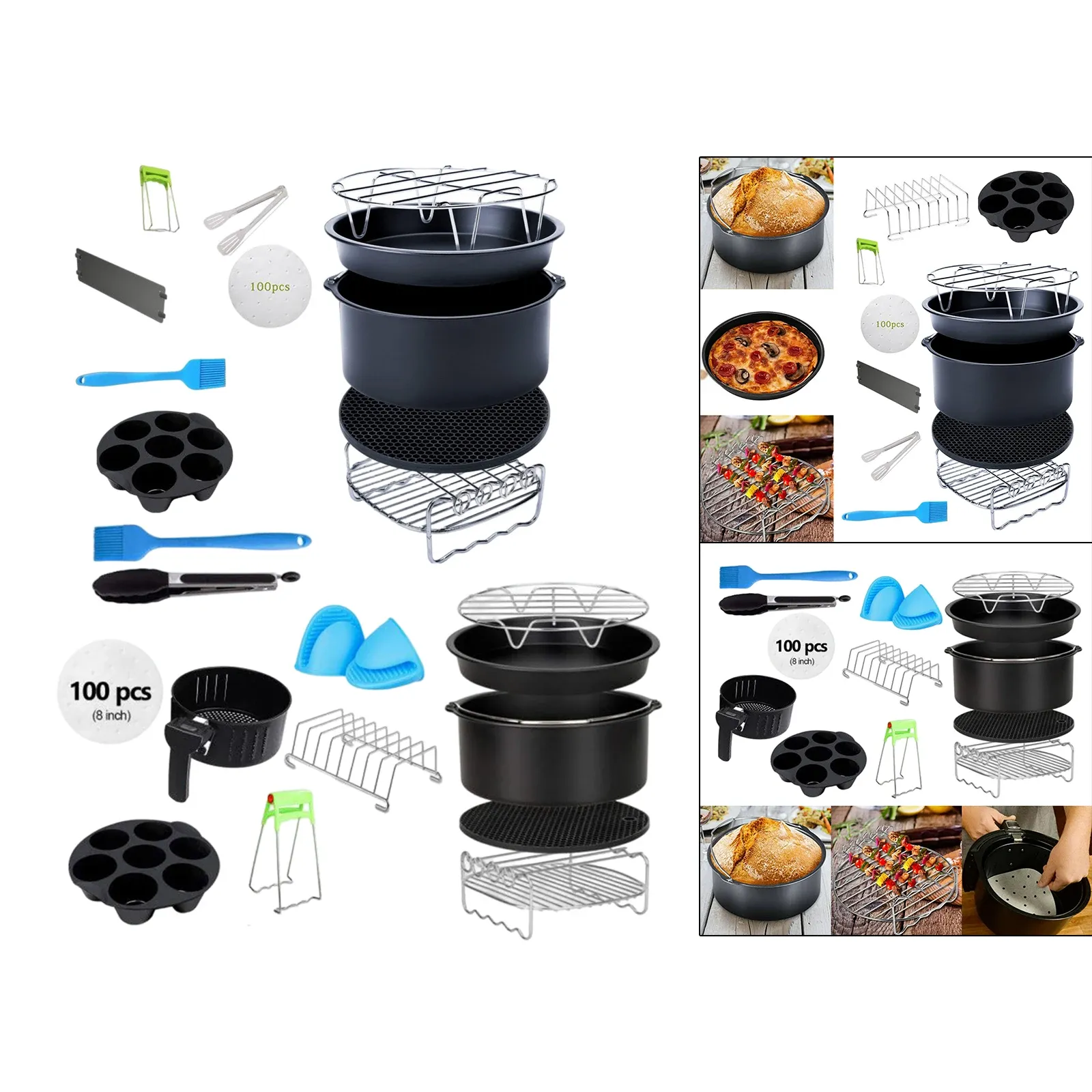 Fryers 12pc 8 인치 에어 프라이어 ACCS 키트 4.2QT6.8QT DEEP FRYER PIZZA PAN SKIER RACK 토스트 랙 음식 집게