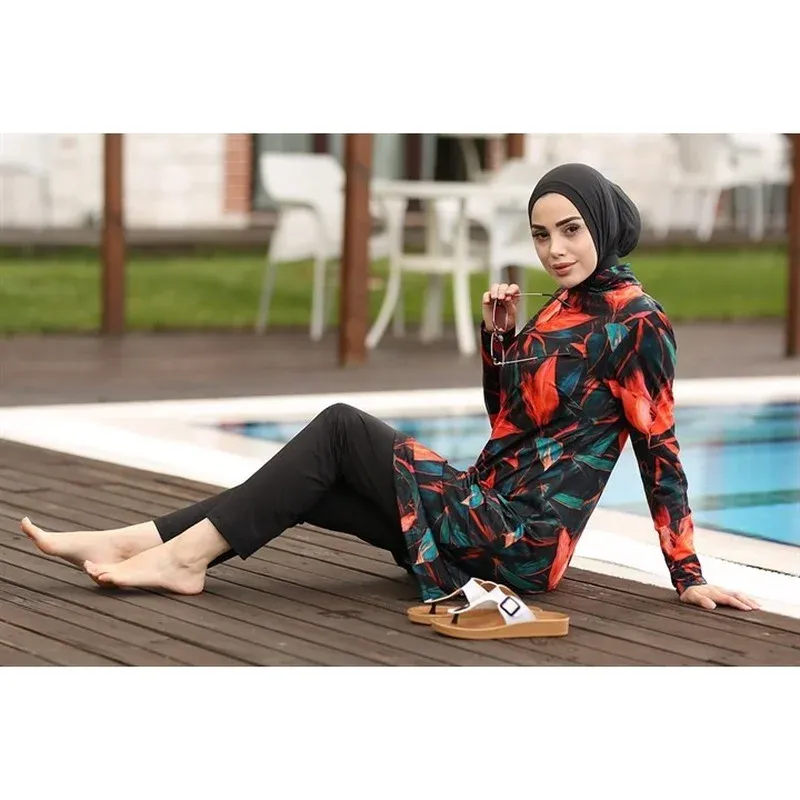 Mulheres muçulmanas roupas de banho bordo folhas impressão lslamic roupas hijab 3 pcs mangas compridas