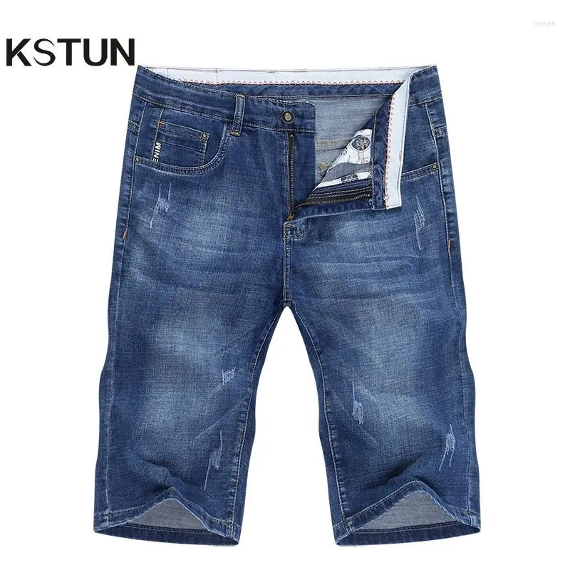 Men's Jeans 2024 Summer Shorts For Men Stretch Denim Slim Straight Blue Scratched Fashion Pockets Man Casual Knee Length Pant