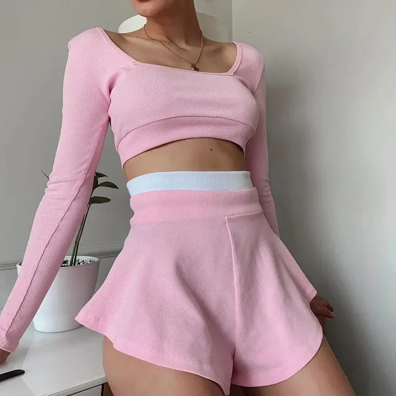 Fashion Casual Sport Shorts Skirts Set Women Summer Leisure Two Piece Solid Colors Patchwork Sexy Slim Crop Tops 240411