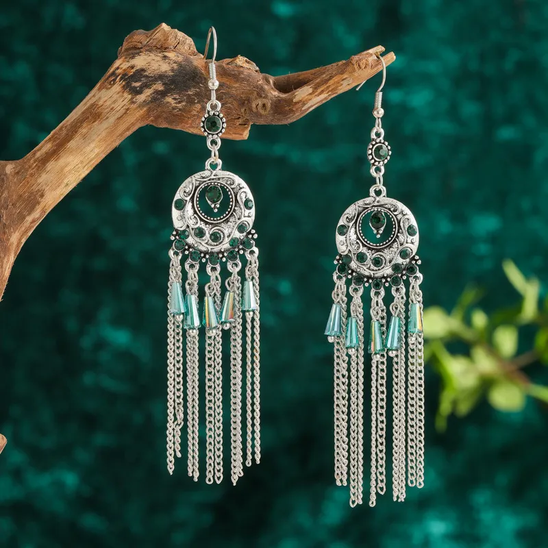レトロシルバーカラーJhumka Earrings Boho Gypsy Grenn Beads Tassel Indian Drop Earrings Women Orecchini Jewelry