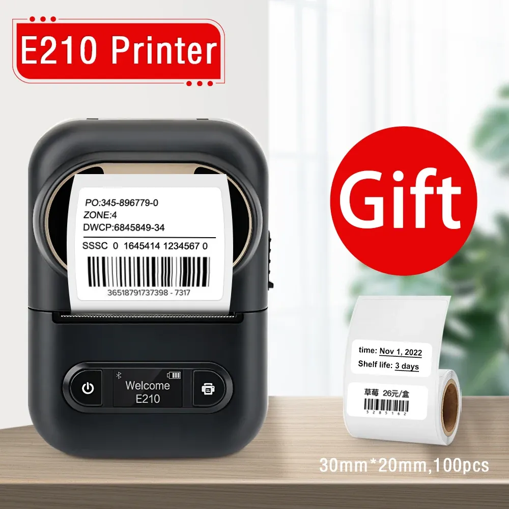 Skrivare E210 Mini Label Maker Portable Thermal Printer Bluetooth USB Inkless Print på Windows Android PC Självhäftande matetikettband