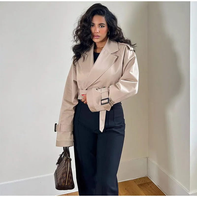 Womens Solid Cropped Lapel Collar Trench Long Sleeves Double