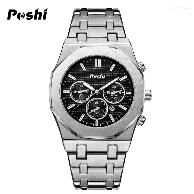 Нарученные часы Poshi Luxury Quartz Watch Nearslable Steel Business Men's Наручительные с датой хронографом оригинальные часы мужские часы подарок