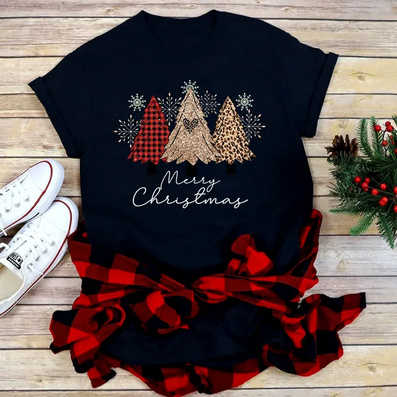 Joyeux Noël arbre imprimé femmes t-shirt manche courte o cou de cou tshirt tshirt dames tee shirt tops vêtements camisetas mujer