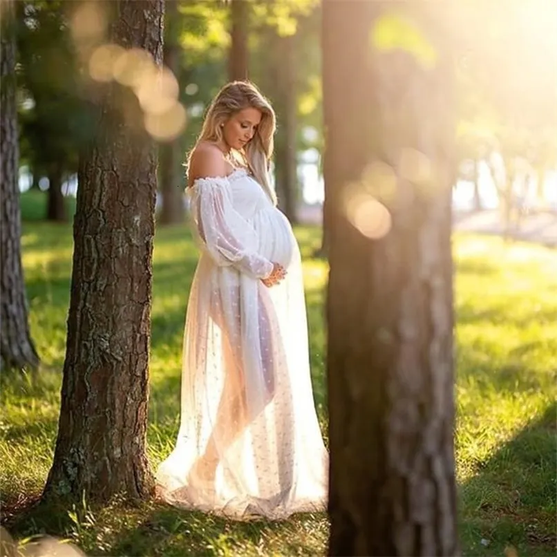 White Dot Tulle Maternity Pography Props Dress See Through Maternity Po Shoot Tulle Long Dress Lantern Sleeve 240411