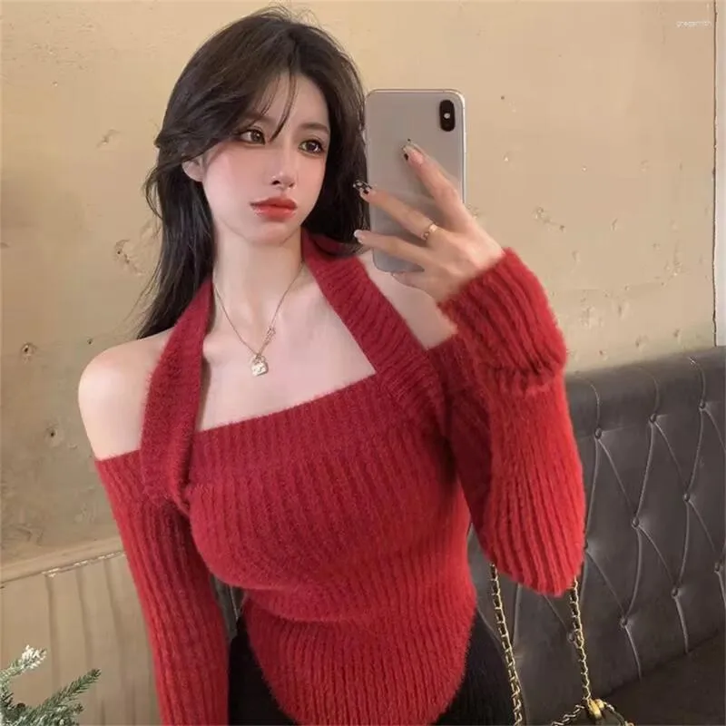 Kvinnors tröjor Kvinnor Korean grimma Sexig beskuren High Street Stylish All-Match Solid Red Slim Stickers Off Shoulder Pullovers