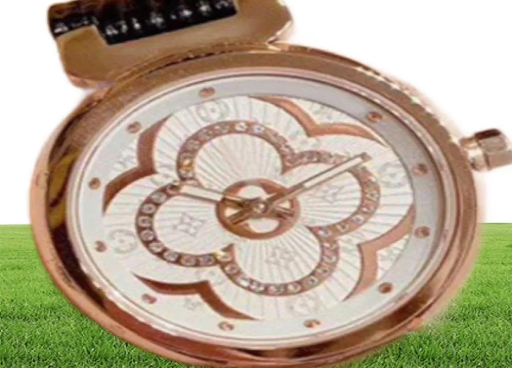 Ny Swiss Quartz Womens Watch Rose Gold Flower med Diamond Dial Leather Strap Ladies Watches Fashion Lady Puretime L01A15449245