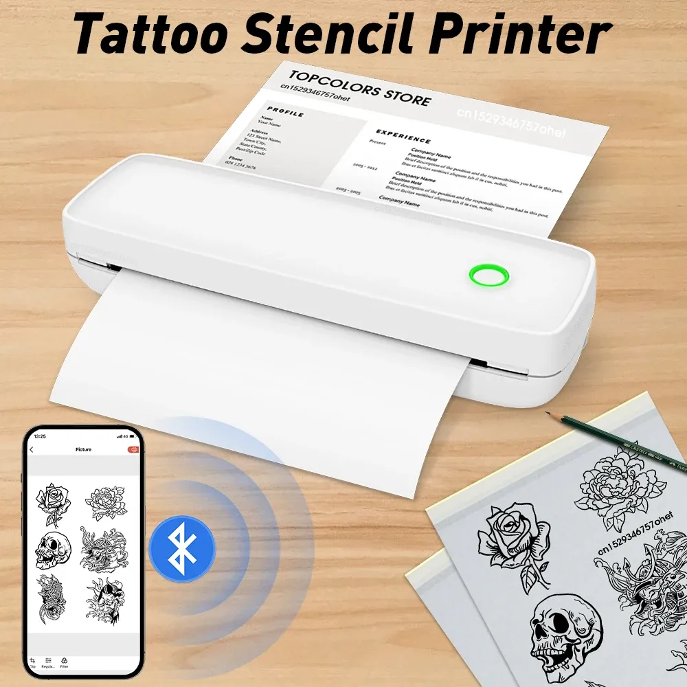 Drukarki Mini przenośna drukarka A4 Papierowa drukarka termiczna bez atramentu Bluetooth Tattoo Tattoo Stentoy Drukarka Tatuaż Transfer przez telefon Drukuj komputer