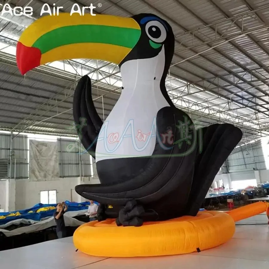 wholesale Inflatable Yellow Green Toucan Black Feather Model Animal With Orange Base For Zoo Visit Display Or Party Decoration